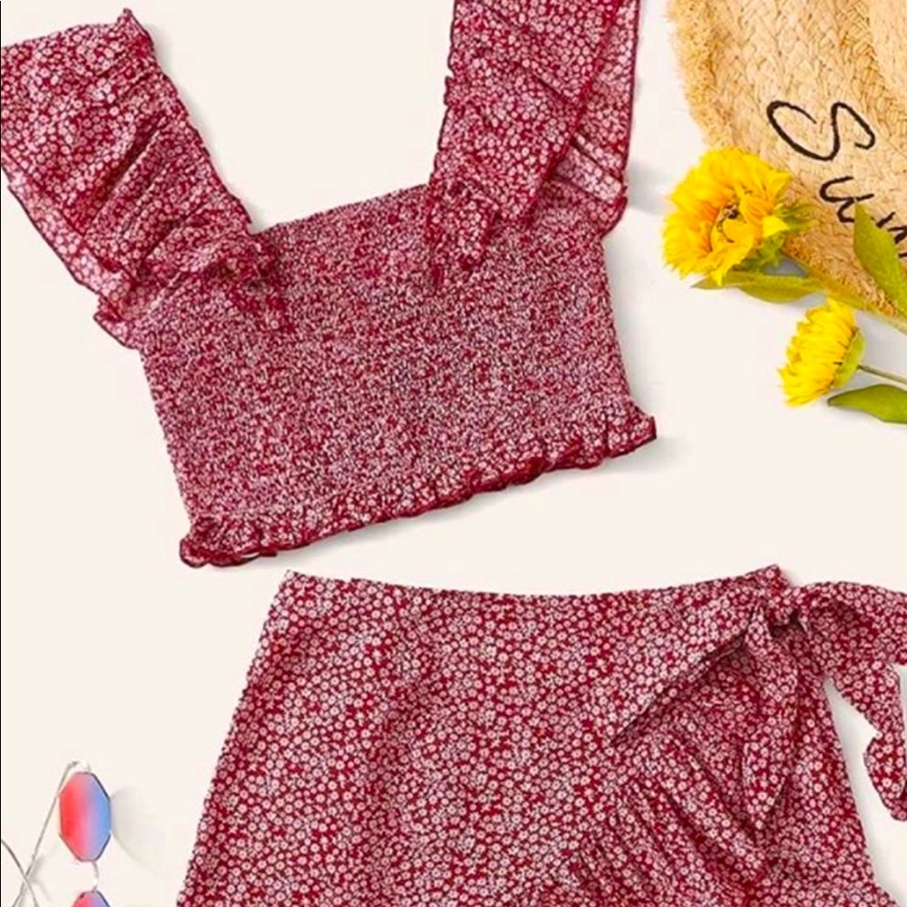 Women's Red 2 Piece Ruffle Trim Cami Crop Top & Wrap Skirt Set from Made Me Chic